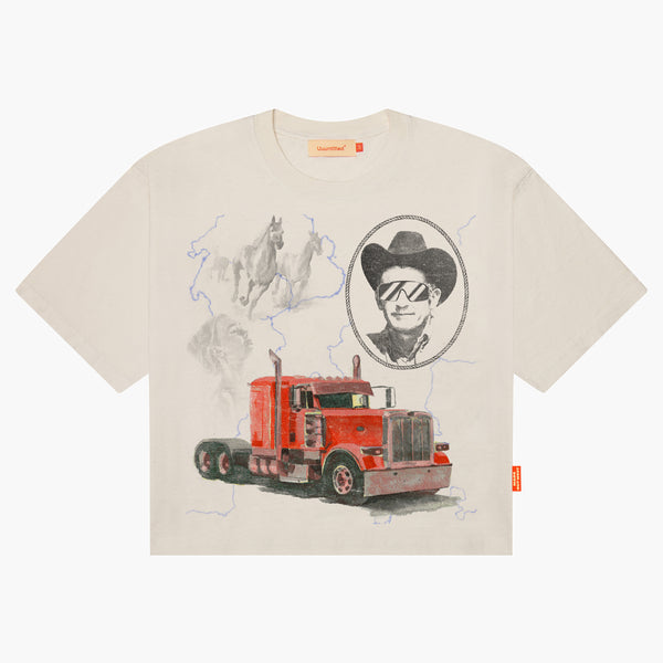 t shirt with cowboy horses and a red truck